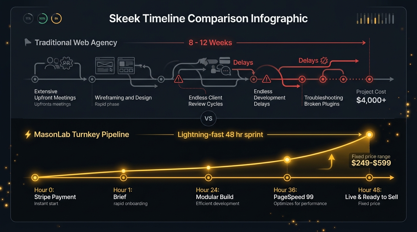 Timeline Comparison: Traditional Web Agency vs. MasonLab 48-Hour Turnkey Pipeline